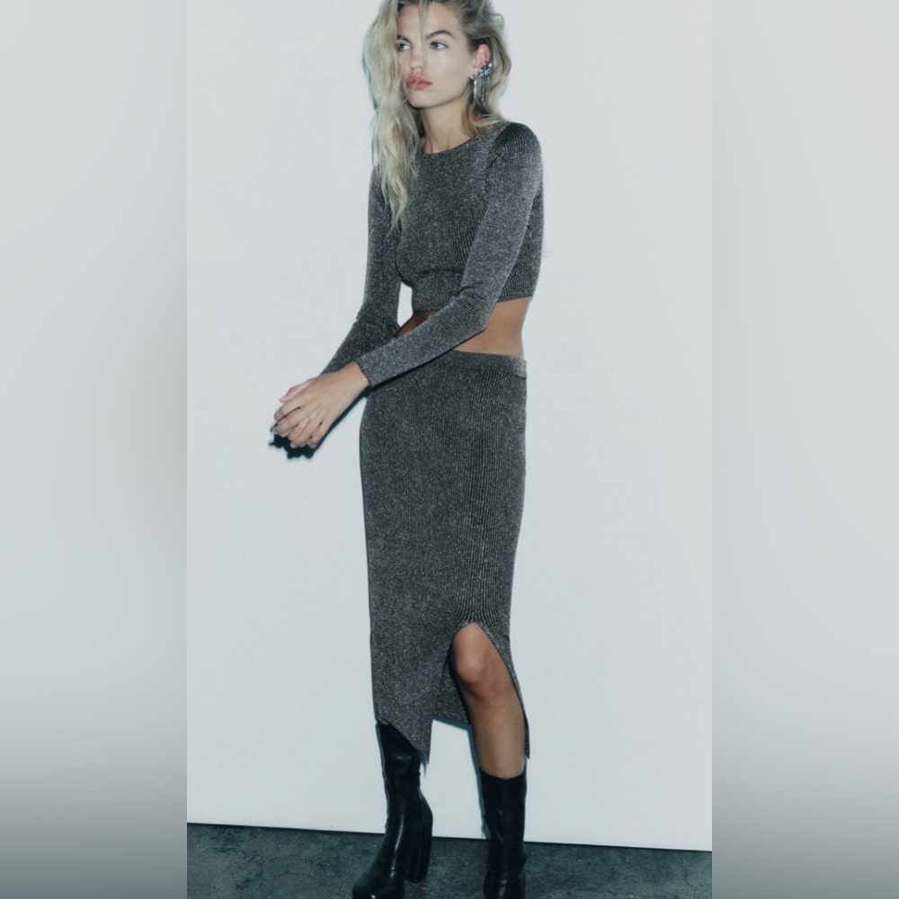 Zara Silver Midi skirt with slit